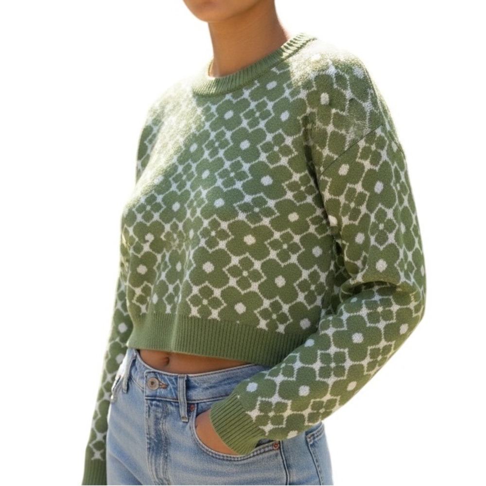 Hollister Green Floral Crop Knit Sweater Womens XS Retro Y2K‎ 350S2663